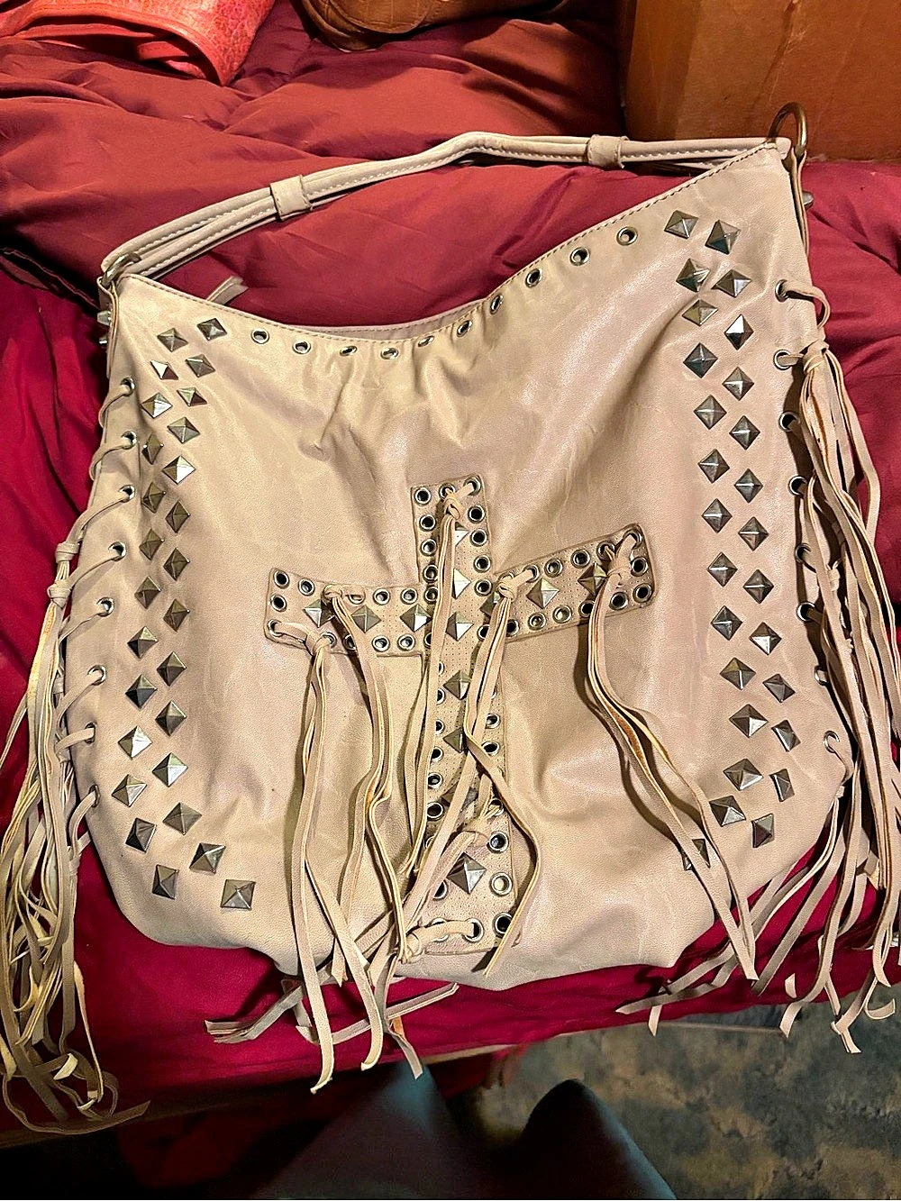 Studded Fringe Hobo in Brown
